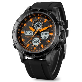 PINDOWS Watch for Men, Waterproof Big Dial Analog Digital Sport Multifunction LED Backlight Fashion Wristwatches, Alarm Stopwatch Calendar