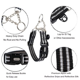 Petiry Metal Chain Dog Collar Reflective Nylon Choke Collar with Safety Quick Release Buckle,Escape-proof Anti-pull for Large Dogs Neck 44-56cm(Black,Large)
