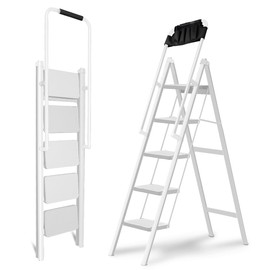 Double Elite Step Ladder 5 Step Folding with Handrails, Safer 5 Step Ladders for Home, Convenient Folding Step Stool with Tool Bag, Sturdy Indoor/Outdoor Ladder for Adults Anti-Slip Pedals, White