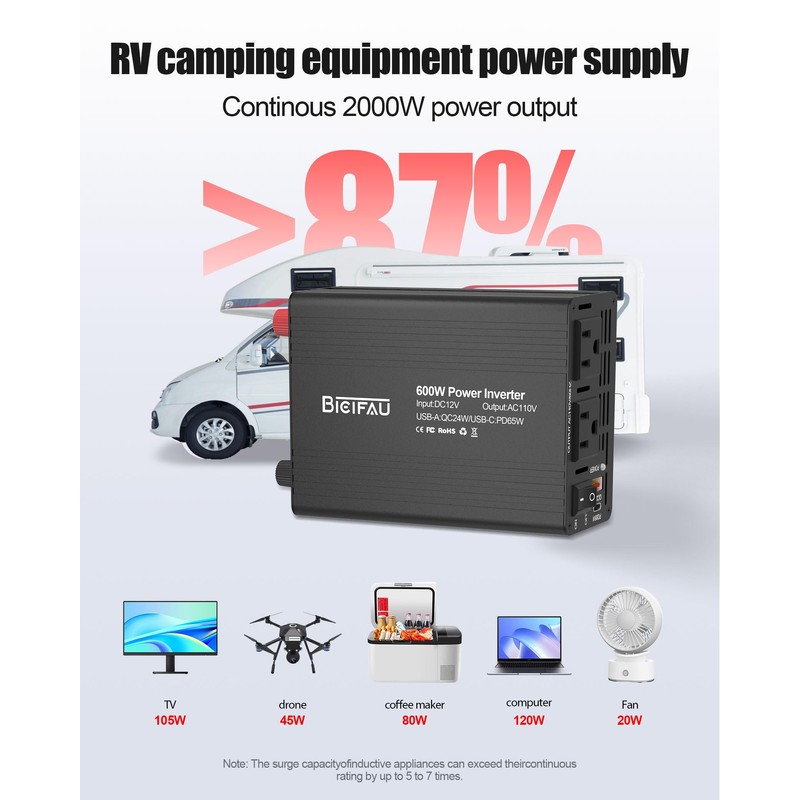 600W Inverter 12V to 110V, DC to AC Car Power