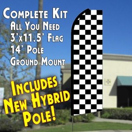 Checkered BLACK/WHITE Flutter Feather Banner Flag Kit (Flag, Pole, and Ground Mount)
