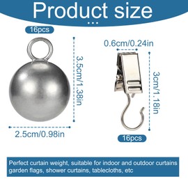 16 Pack Outdoor Curtain Weights Heavy Duty, Metal Drapery Bottom Weights for Patio Pergola Gazebo Heavy Wind Windproof Stainless Steel Ball & Clips for Shower Curtains Tablecloths Garden Flag
