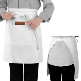 ARBINSON Long Server Apron with 2 Pockets, Extra Long Tie, Lightweight Half Aprons for Men Women Waiter Waitress Chef (White)