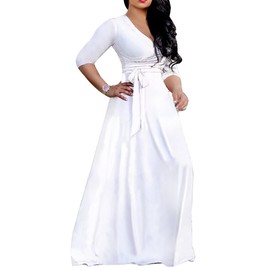 LightlyKiss Plus-Size Maxi Dresses for Women African Summer 3/4 Sleeves Beach Sundress with Pockets White