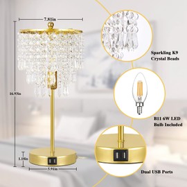 Touch Control Crystal Table Lamp with Dual USB Ports, 3-Way Dimmable Gold Lamp, USB Bedside Light with Crystal Shade, Girls Lamp for Bedroom, Living Room, Teens Room, Dresser, 6W LED Bulb Included