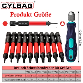 Pack of 10 Triangle Screwdriver Bits 65 mm, CYLBAQ Hex Shank Triangle Head Screwdriver Bits 12/14/16/18/20/23/25/27/30 mm Magnetic Triangle Screw Bits, S2 Screwdriver Bit with Handle