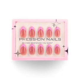 Pink French Tip Press on Nails Medium Almond Fake Nails with Design Nude Bead Glue on Nails Full Cover Spring Nails Glossy Reusable 30pcs -15Sizes Solid False Nails for Women Girls Manicure