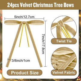 24 Pcs Khaki Velvet Bows for Christmas Tree Decor, Elegant Velvet Pre-Tied Ribbon Bows Door Garland Vintage Ornaments for Christmas, Wreaths, Gifts and Home Decoration (5x7 Inch, 3/8'' Wide)