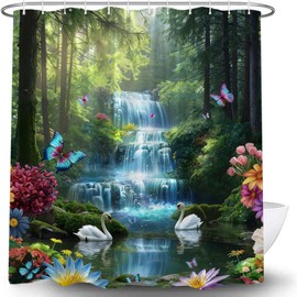 Rainforest Waterfall Shower Curtain Tropical Floral Butterfly Nature Green Tree Forest Scenery Landscape Plant Jungle Stream Fabric Bathroom Curtain Set with Hook,70x70INCH