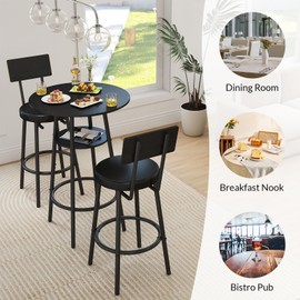 Zevemomo 3 Pieces Round Bar Table Set, Small Dining Table for 2, Black Kitchen Bar Table, Breakfast Table with Storage, 2 Thickened Cushion Stools with Backrest for Dining Room & Bistro-Black