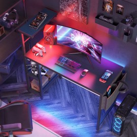 Bestier Computer Desk with LED Lights, Gaming Desk with 4 Tiers Shelves, 44 Inch Office Desk with Storage Bag & Printer Shelf (Black Grained)