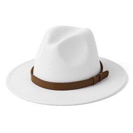 MTKCM Fedora Hats for Men Wide Brim Felt Hat Dress Cap Belt White