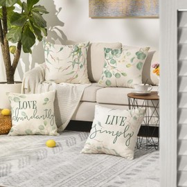 Artoid Mode Set of 4 Eucalyptus Live Simply Love Abundantly Spring Cushion Covers, Summer Decorative Cushion Cover, Couch, Living Room Decoration, 45 x 45 cm