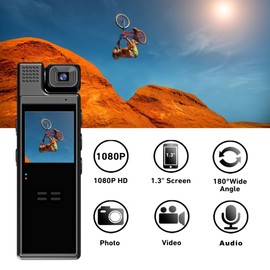 RQG 1080P HD Body Camera, 180° Rotating Lens Mini Body Cam, Audio Video Recording Wearable Pocket Camera for Police Delivery Serving Jobs, Night Vision, 64G Memory Card, 6H Battery Life