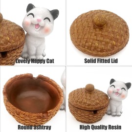Cute Cat Ashtray with Lid Set, Natural Resin Ash Tray Indoor Outdoor, Creative Smokeless Waterproof, Ash Holder for Home, Office, Birthday Gift for Men Women