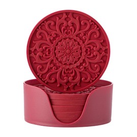Colinda Silicone Coasters for Drink, 6 Pack Coasters with Holder, Cup Mat Set for Hot and Cold Drink and for Table Top Protection,Bar Coasters,3 Patterns for Home Office Decor,Merlot Red