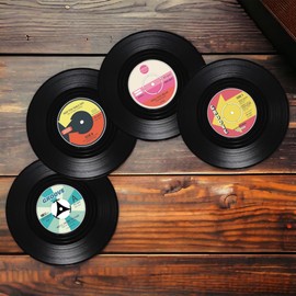 MIJOMA Set of 12 Mini Vinyl Record Design Coasters - Diameter Approx 11cm - 4 Assorted Designs - Perfect for Music Lovers and Collectors - Great Gift Idea for Any Occasion
