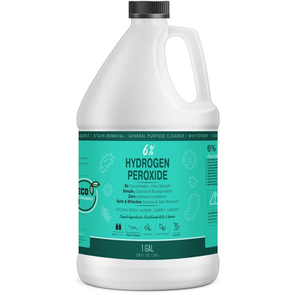 6% Hydrogen Peroxide Solution - 1 Gallon (Just Food-Grade H2O2 & Water!) - Ecofriendly Natural Cleaning Solution for Kitchen, Bath, Laundry, and More - HDPE Jug with Child-Safe Cap Made in USA