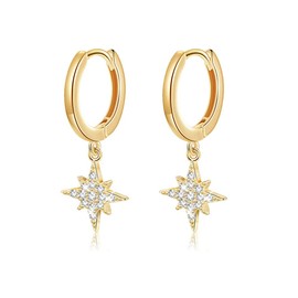 CZ Star Hoop Earrings for Women Girls, Small Huggie Hoop Earrings with Cubic Zirconia Charm in 14k Gold Plated Sterling Silver for Her