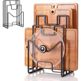 Metal Cutting Board Holder with 4 Compartments Chopping Board Stand Board Holder Kitchen Organizer for Pot Lids, Plates, Spatulas and Baking Trays (Black)