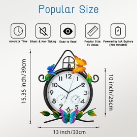 HOBYLUBY 15'' Large Outdoor Clock, Wall Clock with Thermometer & Humidity Silent No-Ticking Outdoor Clocks Waterproof for Patio, Living Room, Kitchen