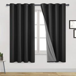 DWCN 100% Black Out Curtains 63 Length for Bedroom/Living Room/Nursery/Office for Thermal Insulating & Noise Reducing Set of 2 Panels with Black Liner (Black,52" W x 63" L) 2 Panels