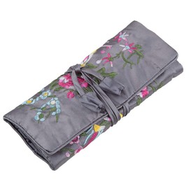 KYEYGWO Chinese Embroidery Travel Jewelry Roll with Flowers and Bird Embroidery, Jewelry Organizer Portable Hand Roll Bag Jewelry Bag for Necklace Ring Bracelet Storage, Grey
