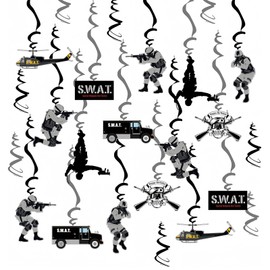 Special Forces Decorative Hanging Swirls Pack of 16 SWAT Streamers Army Spirals Children's Party Accessories Role Play Children's Birthday Decoration
