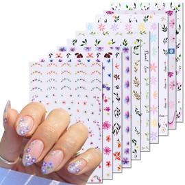 10Sheets Flower Nail Art Stickers 3D Colorful Flower Nail Art Supplies Daisy Nail Decals Pink White Floral Leaf Cherry Blossom Designs Summer Sliders French Stickers for Women Nail Art Tips Decoration