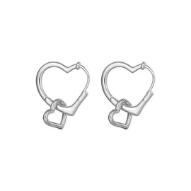 Cute Heart in Heart Love 925 Sterling Silver Cartilage Small Hoop Earrings for Women Dainty Huggie Sleeper Hoops With Heart Charm Tiny Dangle Drop Minimalist Hypoallergenic Piercing Fashion Jewelry Gifts Her Daughter Birthday Valentines Day Xmas 8mm (sil