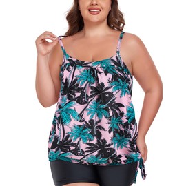 Ocean Blues Women's Coconut Tree Plus Size Tummy Control Tankini Top Loose Fit Bathing Suit Top Size Large