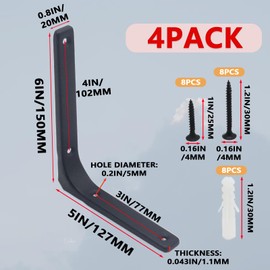 Joyangy 4pcs 6 x 5 Inch L Brackets, Heavy Duty Wall Mount L Corner Brackets Braces for Wood, Shelves, Cabinets, 90 Degree Triangle Shelf Support with Screws, Small Right Angle Bracket