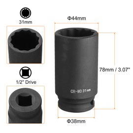 HARFINGTON 12-Point Deep Impact Socket 1/2 Inch Drive 31mm Metric Chrome Molybdenum Alloy Steel Spindle Axle Nut Impact Socket