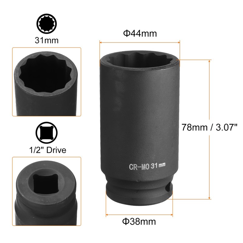 HARFINGTON 12-Point Deep Impact Socket 1/2 Inch Drive 31mm Metric