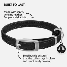 CollarDirect Leather Cat Collar with Bell - Kitten Collar, Small and Big Cat Collar for Boy Cats, Girl Cats with Safety Elastic Strap (Neck Fit 6"-7", Black)