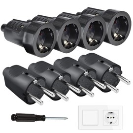 Schuko Plug Coupling, Protective Contact Plug, Flame Retardant IP44 Power Plug, Protective Contact Set, Europe Schuko Plug for 8-10 mm Cable, 250 V (16 A), Cable Connector for Outdoor Use, Pack of 8