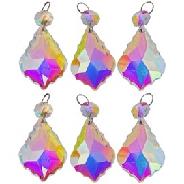 Choice of 7 Sets of 6 Aurora Borealis AB Iridescent Prisms Chandelier Drops Droplets Cut Glass Crystals Beads by Seear Lights (50mm Leaf)
