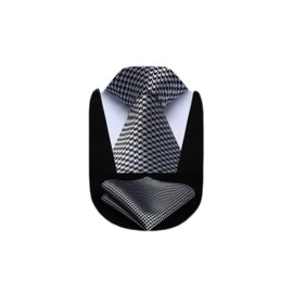 HISDERN Extra Long Polka Dots Tie Handkerchief Men's Necktie & Pocket Square Set, XL, 63 inches length, Silver / Black