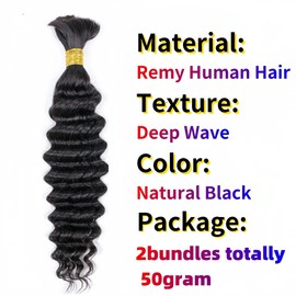 Boho Braids Human Hair,Deep Wave Bulk Human Hair For Braiding,Curly Human Hair for Boho Braids,Human Hair for Boho Knotless Braids,Boho Hair for Braiding,Natural Black Color(50g/Pack, 24 inch)