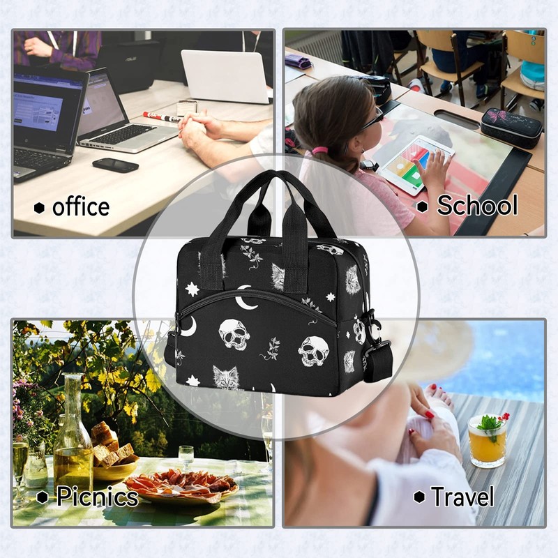 Skull Cat Moon Gothic Insulated Lunch Bag Reusable Lunch Tote