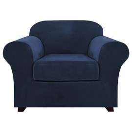 PrinceDeco Velvet Plush Couch Cover Stretch 2 Piece Chair Cover Chair Slipcover Washable Furniture Protector Couch Soft with Elastic Bottom Armchair Cover Width Up to 49 Inch(Small,Navy)