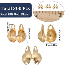 SUNNYCLUE 1 Box 300Pcs Real 18K Gold Plated Bead Tip 304 Stainless Steel Knot Covers Bead Tips Crimp Bead Covers Mini Knot Cover Beads for Jewelry Making Accessories Bracelets Necklaces Supplies