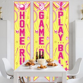 3PCS Softball Porch Sign Banners,Yellow Softball Sports Party Decorations Welcome Hanging Baseball Door Banner for Wall Yard Game Time Day Festival Party Supplies Decor School Home Indoor Outdoor