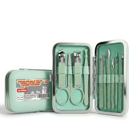 Barpre Manicure Set Professional - 10 Piece Stainless Steel Nail Clippers Kit & Pedicure Tools, Grooming Kit for Men & Women, Sharp Nail Cutter with Luxury Green Travel Leather Case