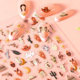 JIEYAO 2 Sheets Retro Cowboy Nail Art Stickers, Western Cowboy Style Self-Adhesive DIY 5D Embossed Nail Decals Brown Cowboy Hat Boots Designs Nail Stickers Retro Nail Art Decals for Phone Cases