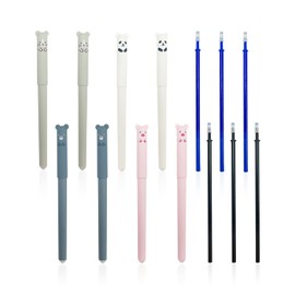 8 Erasable Ballpoint Pens, Cute Cartoon Animal Gel Pen Black/Blue for Students, Kids, Adults and Office Stationery
