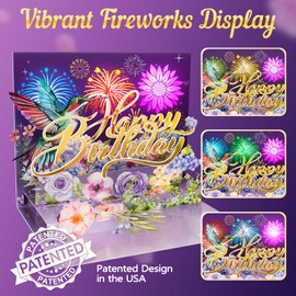 Birthday Card, Musical Pop Up B'day Cards w Firework Lights, Play Happy Birthday Music Pop Up Card, Greeting Cards Gifts for Him or Her, Hummingbird