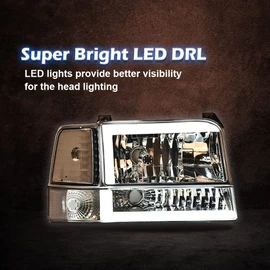 G-PLUS LED DRL Headlights, Fit For 1992-1996 F150 Bronco/1992-1997 Ford F250 F350 Super Duty Headlamps w/Corner Signal, Driver Side & Passenger Side, Clear lens Chrome Housing Clear Reflector