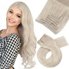 Moresoo Hair Extensions Clip in 24 Inch Blonde Clip in Hair Extensions Real Human Hair Platinum Blonde Human Hair Clip in Extensions 7 Pieces/120g #60