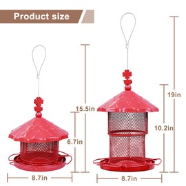 Metal Bird Feeder Tube Hanging Bird Seed Feeder Squirrel Proof Birds Feeder for Outside Decoration, Large Capacity Feeder for Outdoor Garden,Red